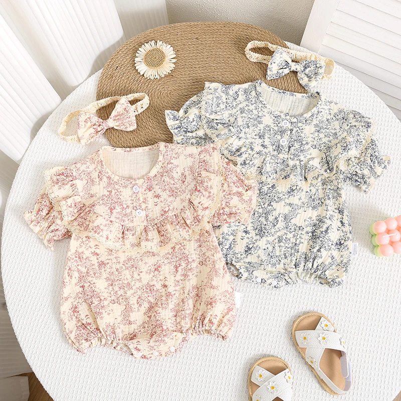 满月婴儿夏装中国风水墨画公主包屁衣新生儿女宝宝百天棉哈衣薄款