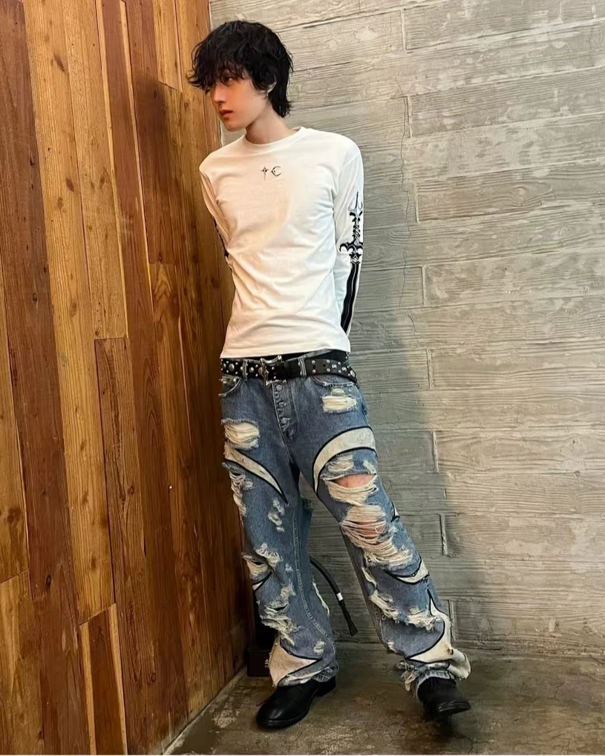 25SS TC星月纽扣破洞拼接皮破坏口袋牛仔裤