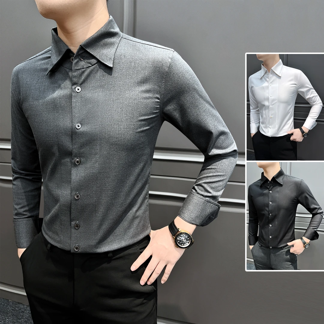 莫代尔一片领长袖衬衫男款痞帅高级感男装绵羊毛法式大领男士衬衣
