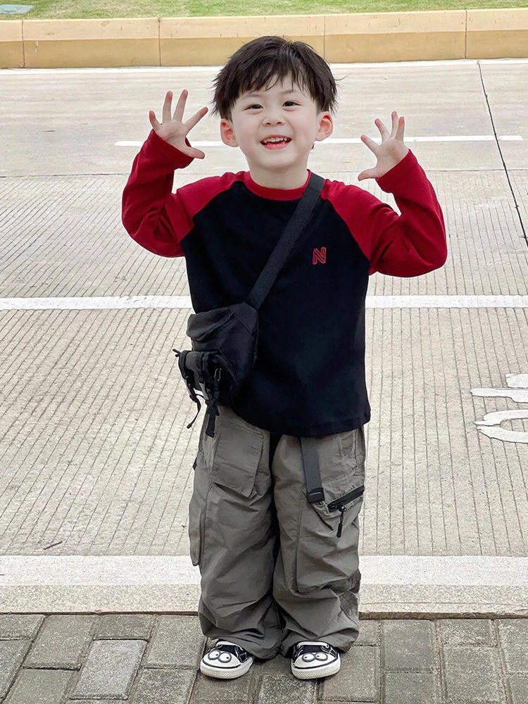 男童装2025春季新款儿童拼色插肩袖长袖T恤宽松上衣