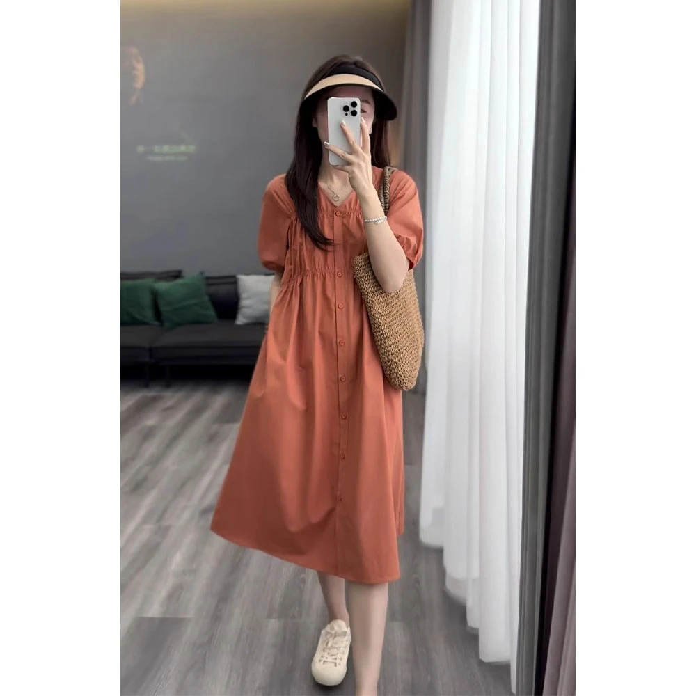 大码法式气质泡泡袖连衣裙女夏季胖mm收腰显瘦遮肚子洋气中长裙子