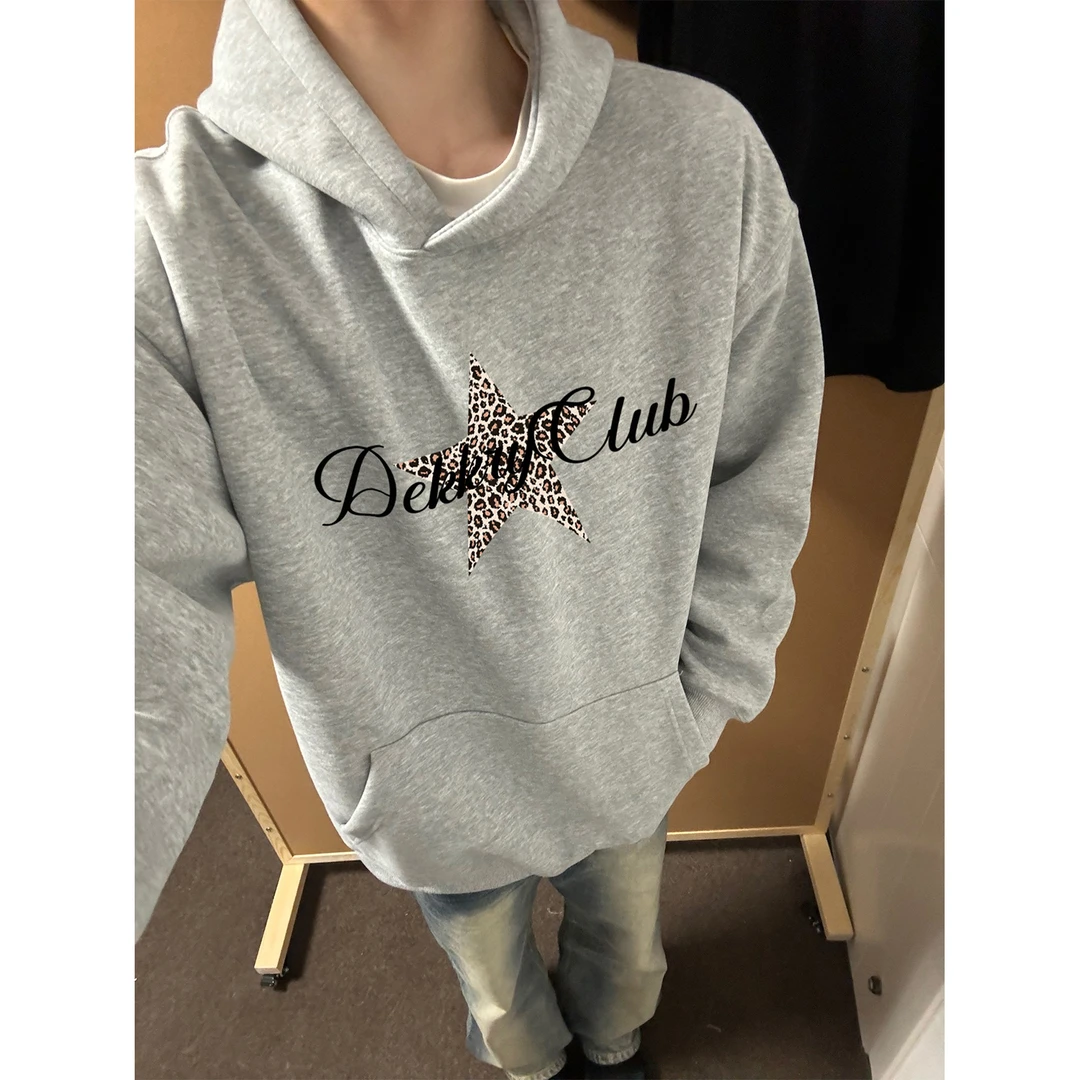 美式豹纹五角星字母印花宽松连帽卫衣男女秋冬季休闲百搭情侣上衣