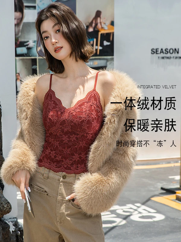 2025新款秋冬蕾丝吊带背心女内搭带胸垫一体式文胸打底衫性感美背