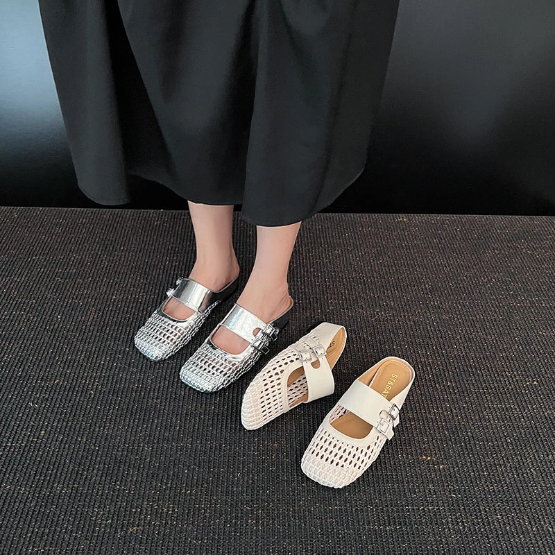 新款夏季透气百搭休闲编织镂空包头内增高皮带扣女凉拖鞋