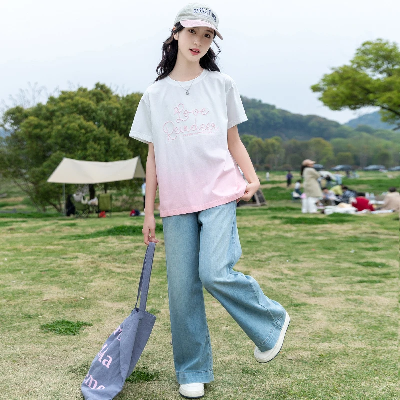 女童夏季洋气套装2025新款夏装中大童洋气休闲时尚渐变T恤牛仔裤