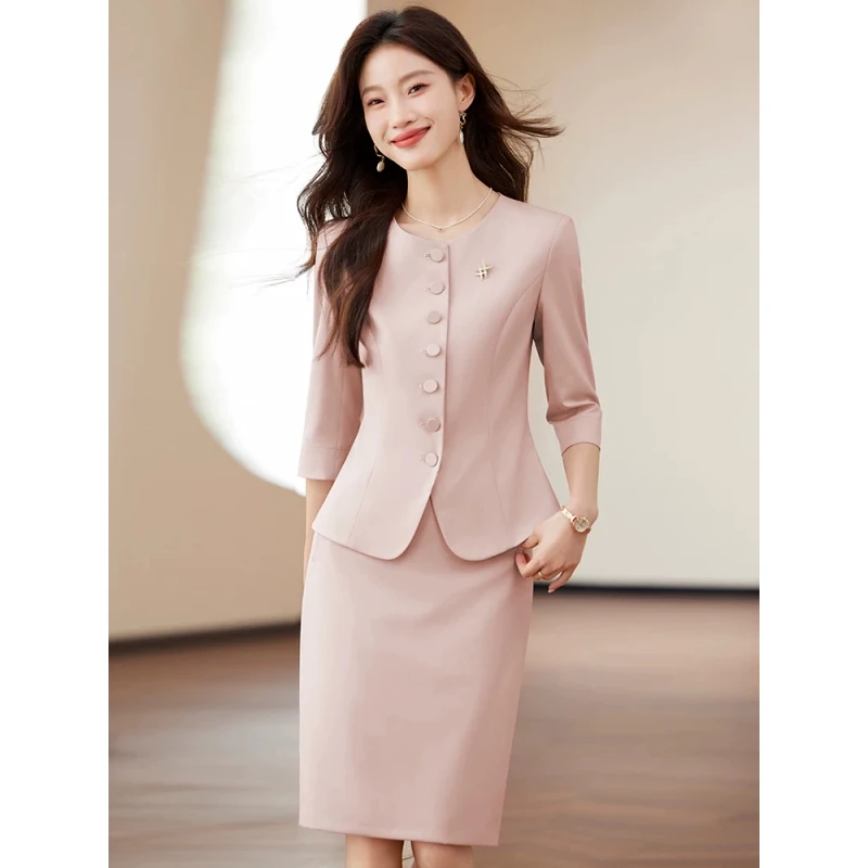 粉色小香风西装套装女薄款2025夏季新款七分袖两件套裙工作装西服