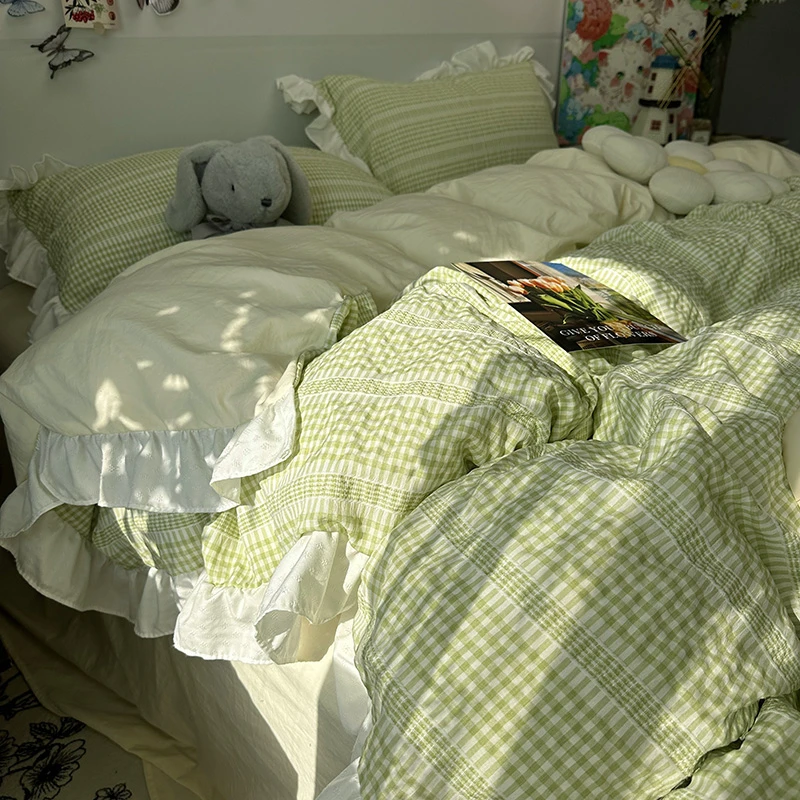 公主风花边水洗床上四件套少女绿色法式被套学生宿舍床单三件套