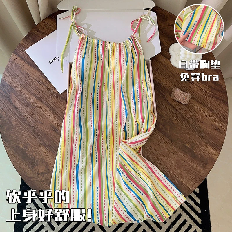【维多利亚专柜奢品】夏季彩色条纹睡衣女2025新款吊带胸垫睡衣夏