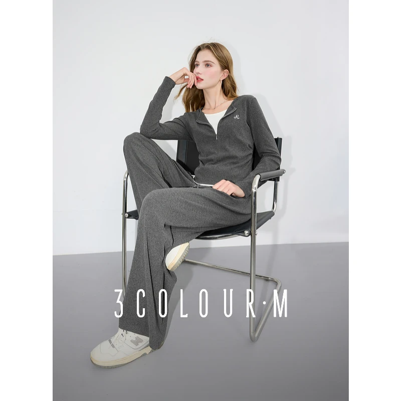 三彩2025新款两件套休闲套装假两件刺绣时尚显瘦套头衫直筒裤