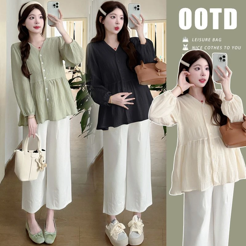 2025春秋新款孕妇韩版长袖衬衫宽松娃娃衫开扣可辅乳孕妇百搭上衣