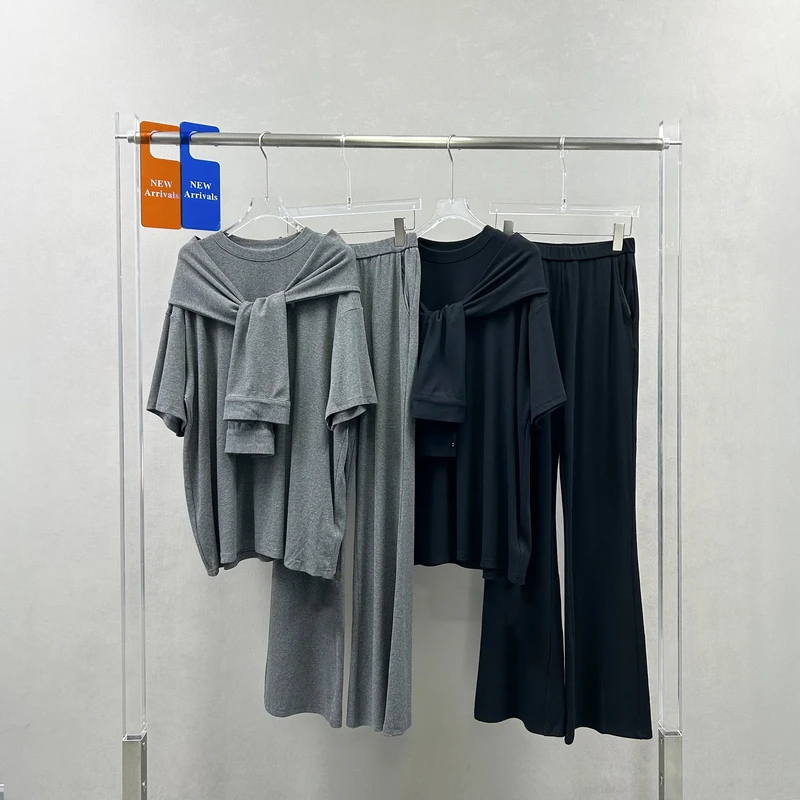 YKS早秋新款披肩T恤微喇裤套装女高级感气质显瘦休闲三件套258091