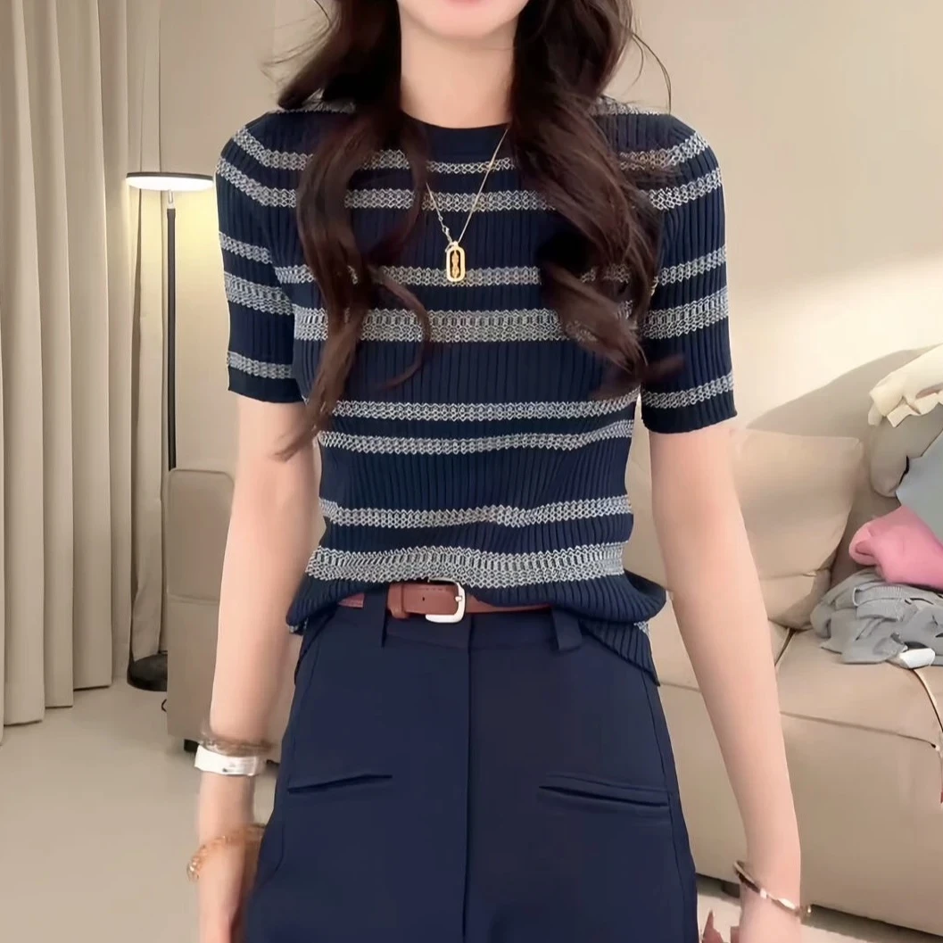 藏青色条纹短袖针织衫女夏季新款高级感洋气正肩圆领修身显瘦T恤