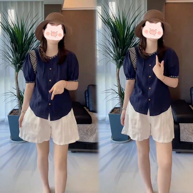 2025夏款新款时尚百搭圆领短袖衬衫衬衣搭配宽松休闲感短裤套装女
