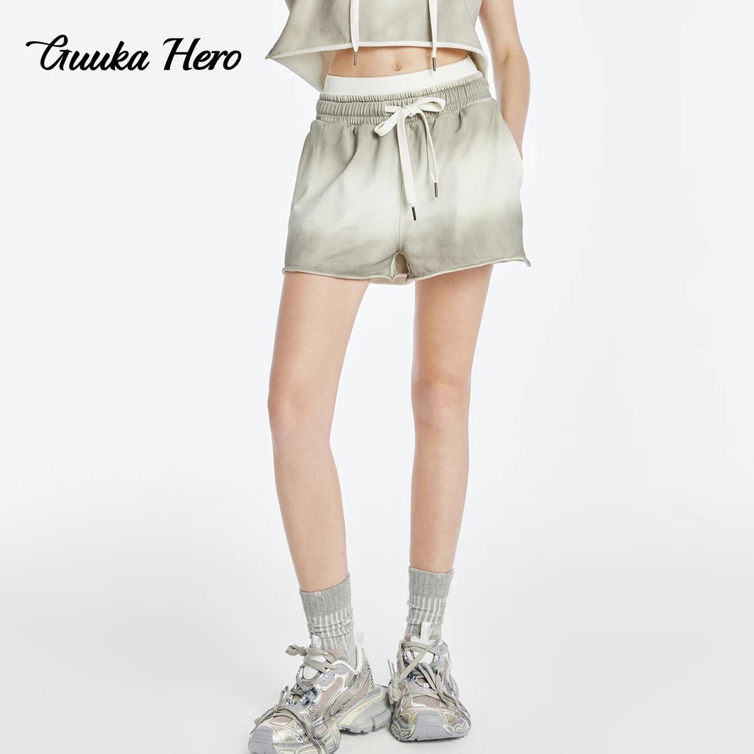 GUUKA HERO浅灰休闲百搭高腰短裤女复古做旧双腰头户外运动裤显瘦