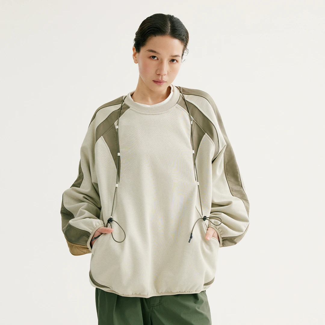 NORYBRAND 24SS拼接结构抽绳设计感圆领卫衣 宽松山系休闲长袖T恤