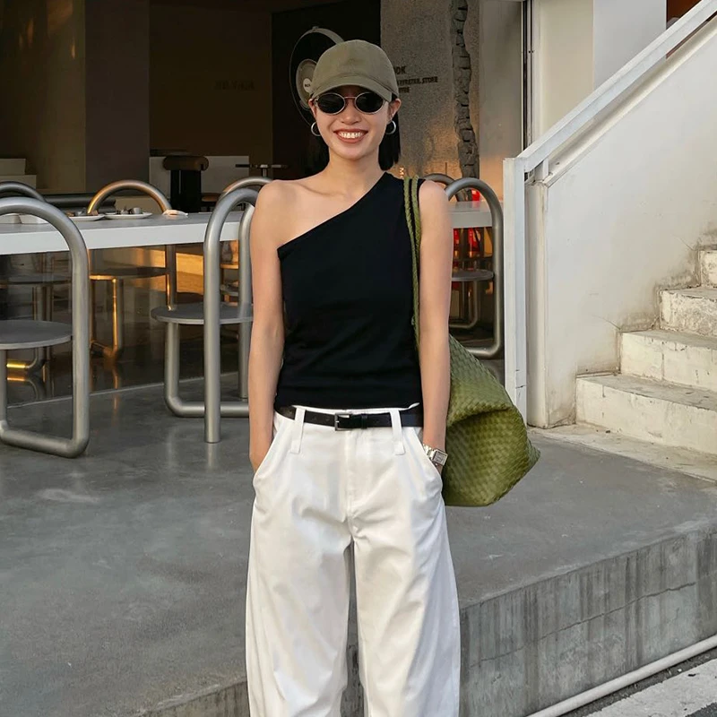 PURITY YH小众简约设计感黑色不规则漏肩上衣斜肩单肩时尚背心女