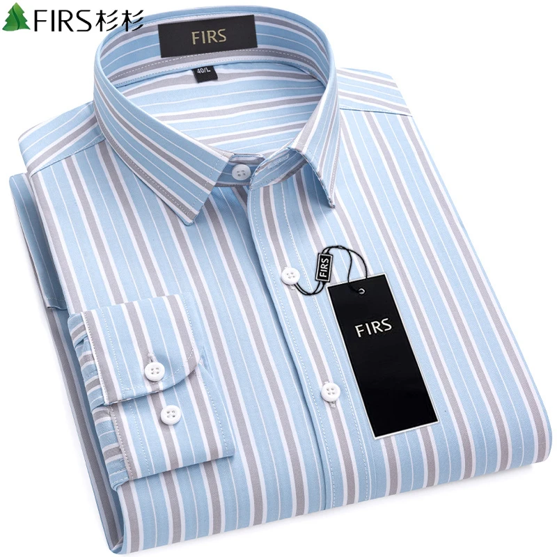 杉杉春秋磨毛100%纯棉衬衫男士长袖简约条纹显瘦衬衣商务休闲寸衫
