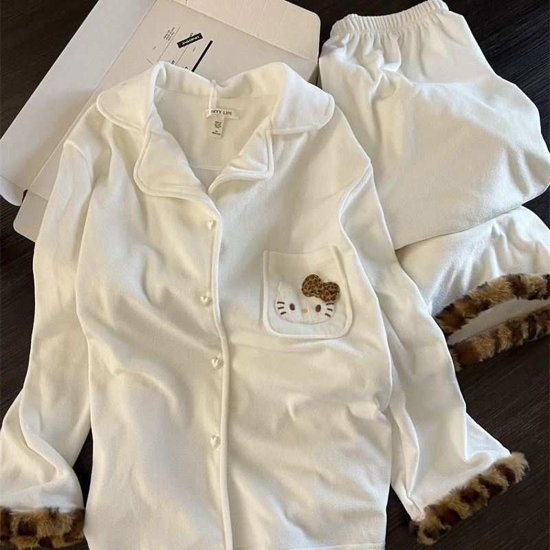 韩系加绒豹纹kitty秋冬加厚保暖可外穿睡衣套装春秋ins休闲长袖