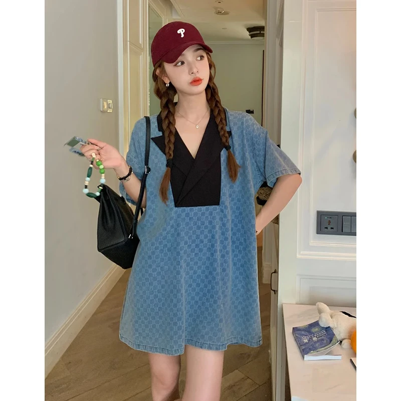 格子牛仔连衣裙女2025夏款设计感西装领休闲裙小个子减龄宽松裙子