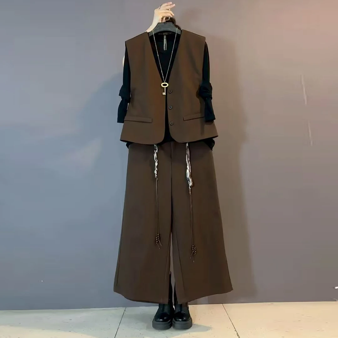 2025秋季新款时尚显瘦套装大码女装胖妹妹马甲打底衫阔腿裤三件套