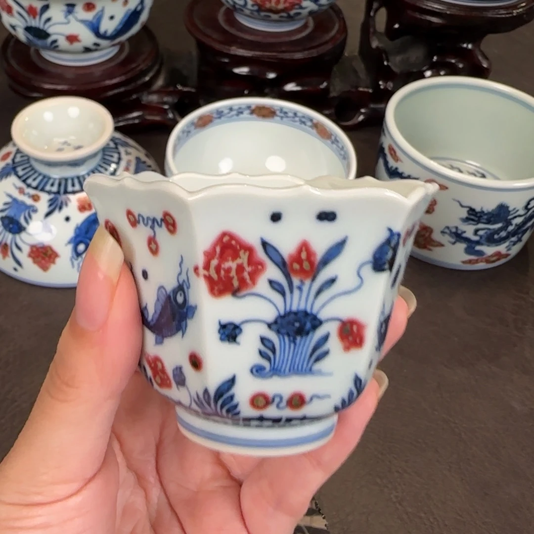 和然鱼藻纹六方杯杯