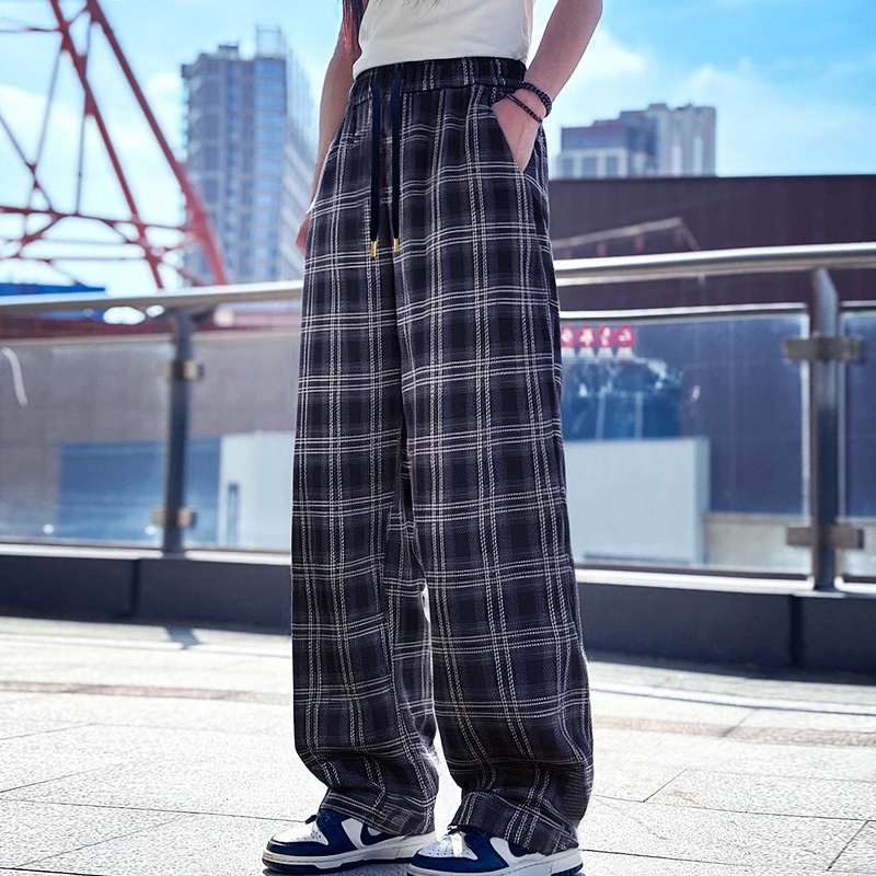 BY潮牌春夏季新款格子阔腿裤/男女同款休闲时尚高腰显瘦直筒裤子