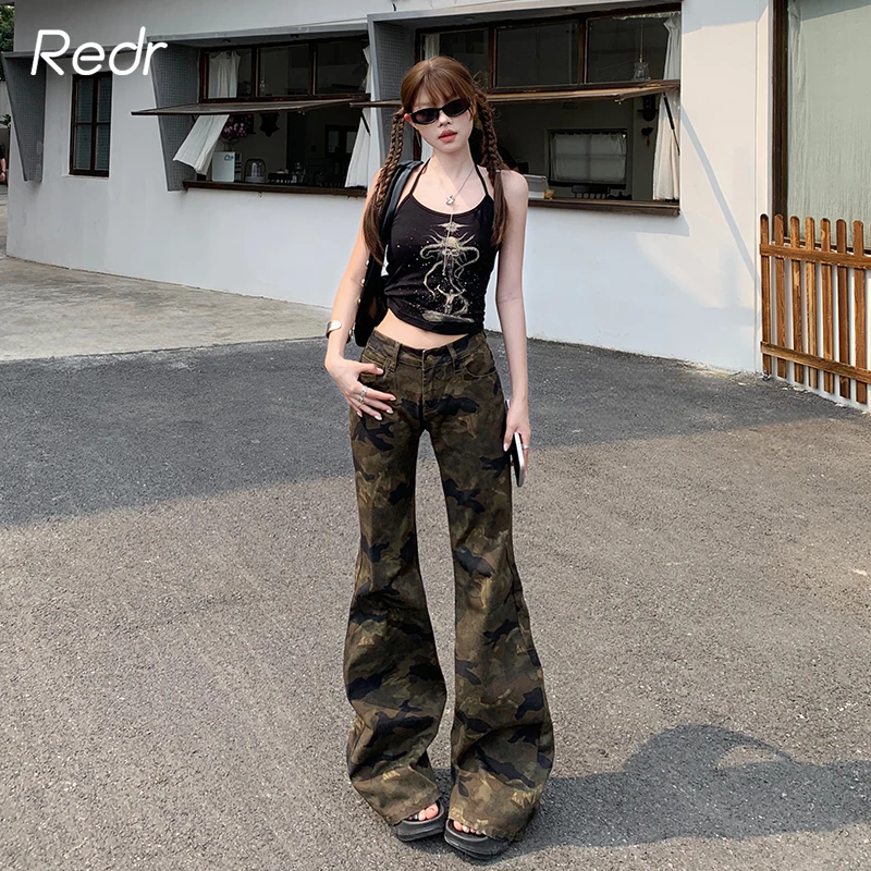REDR美式复古低腰迷彩微喇牛仔裤女2025新款辣妹痞雅修身显瘦裤子