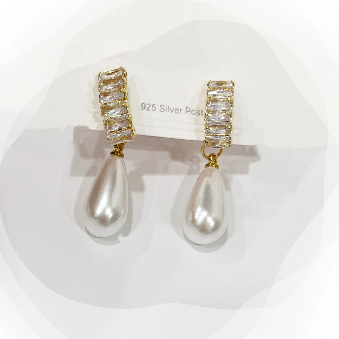 合金仿珍珠耳饰 W030合金爆闪满锆水滴贝珠耳钉