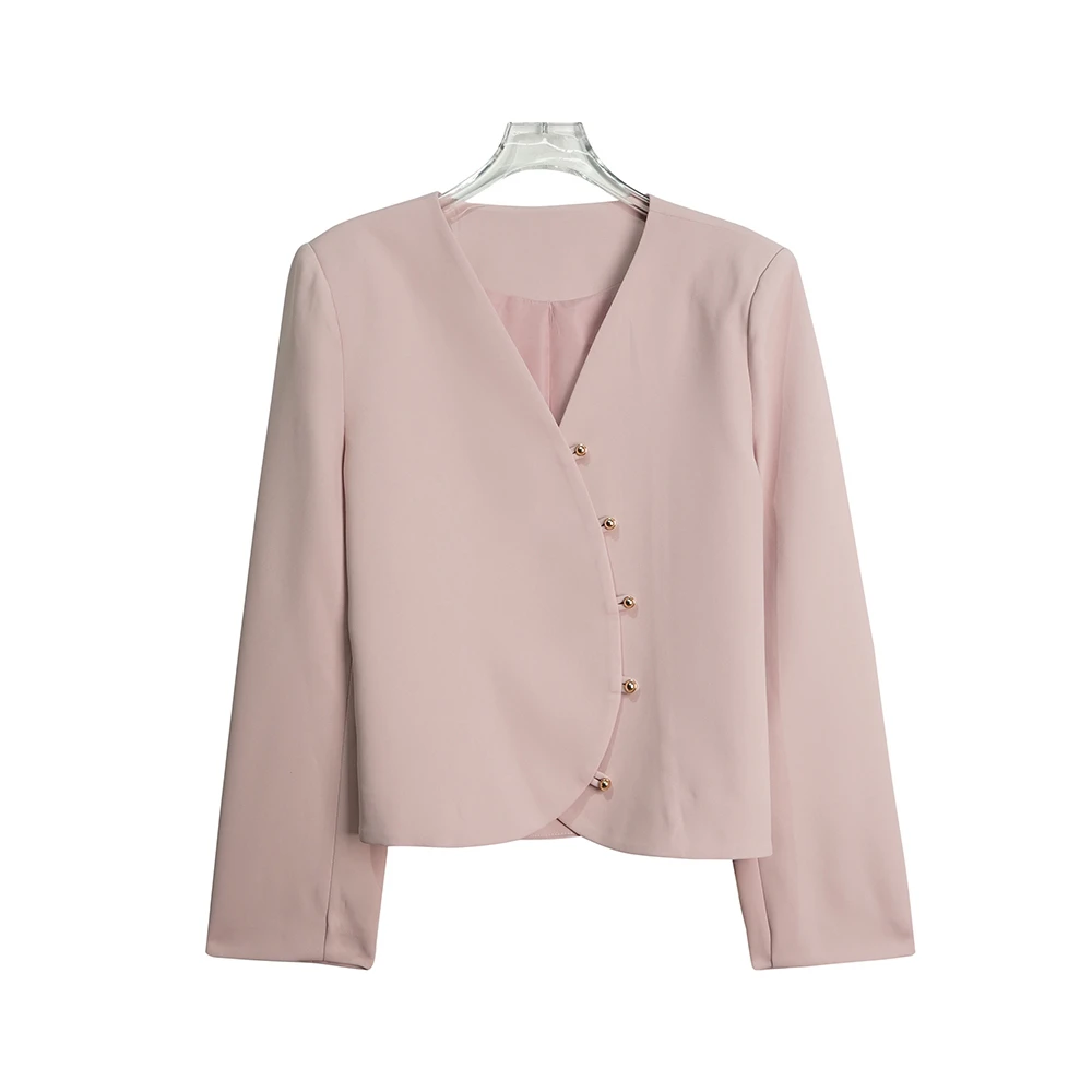 X26108短款V领新中式单排扣不规则气质外套