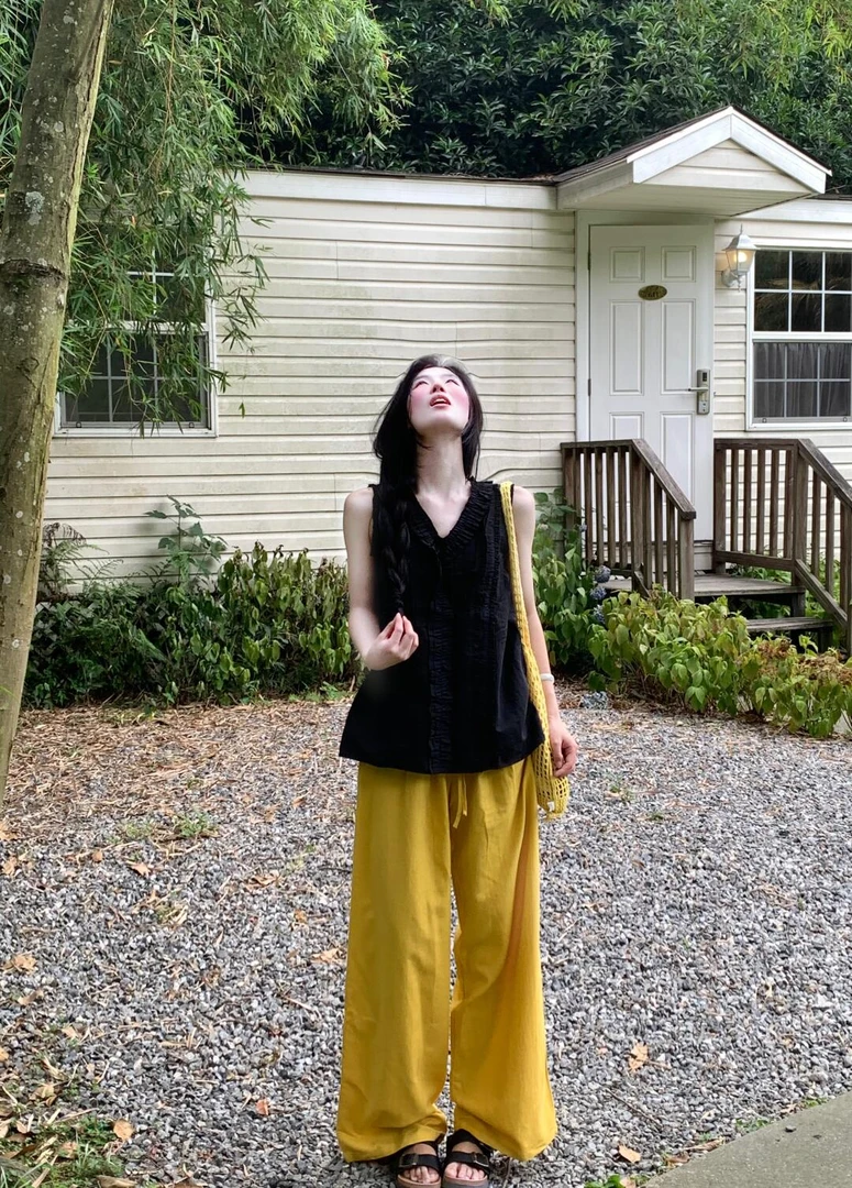 夏季新款纯欲慵懒风女装花边背心木耳无袖v领上衣宽松休闲阔腿裤