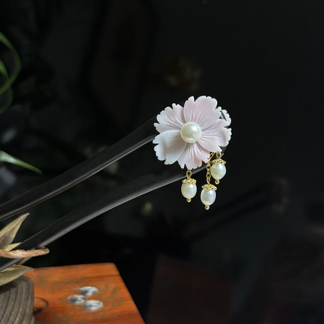 黑檀木【058】胭脂贝发簪复古新中式国风汉服古典百搭簪子