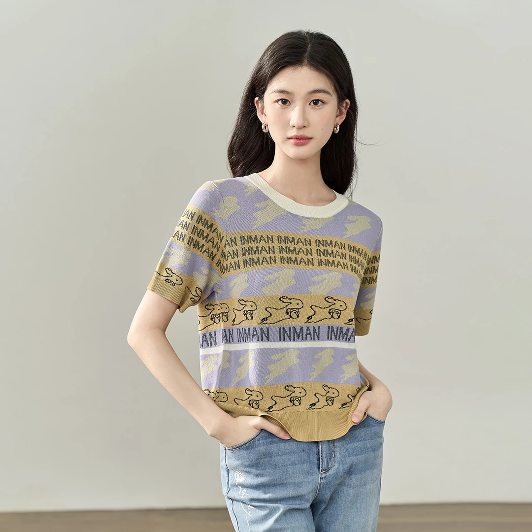 【商场同款】茵曼夏季女毛针织衫上衣打底长袖新款短袖条纹女装女士