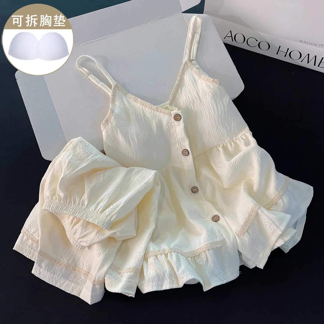 韩系带胸垫睡衣女夏季简约杏色性感吊带短裤小个子甜美家居服套装