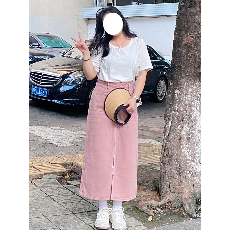 300斤大码女装多巴胺粉色开叉牛仔半身裙女胖mm甜妹裙子显瘦半裙