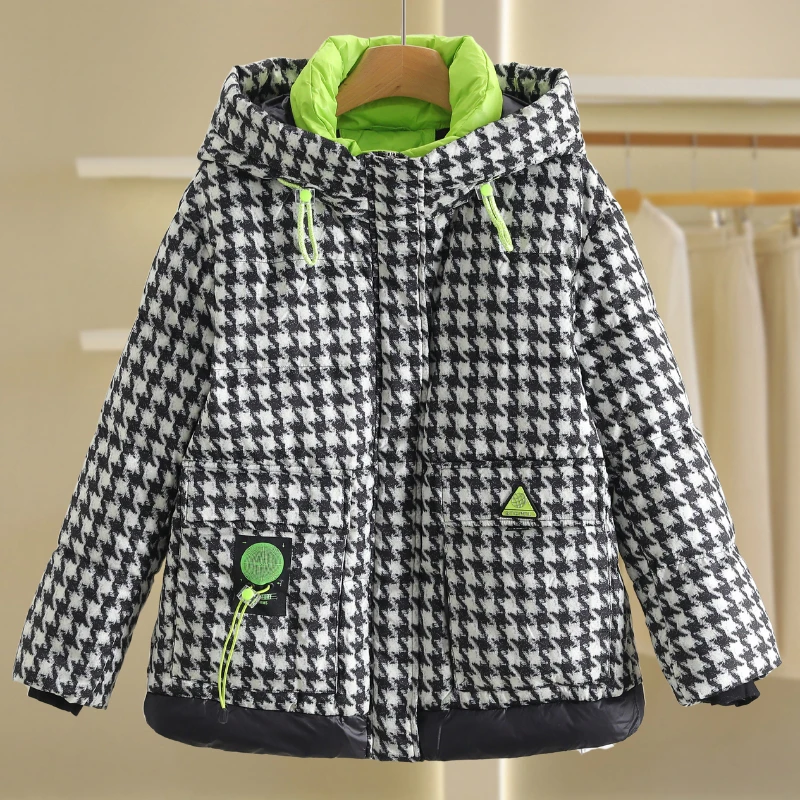 【伍莎-自营】假两件格子修身短款羽绒服#MHX38H025