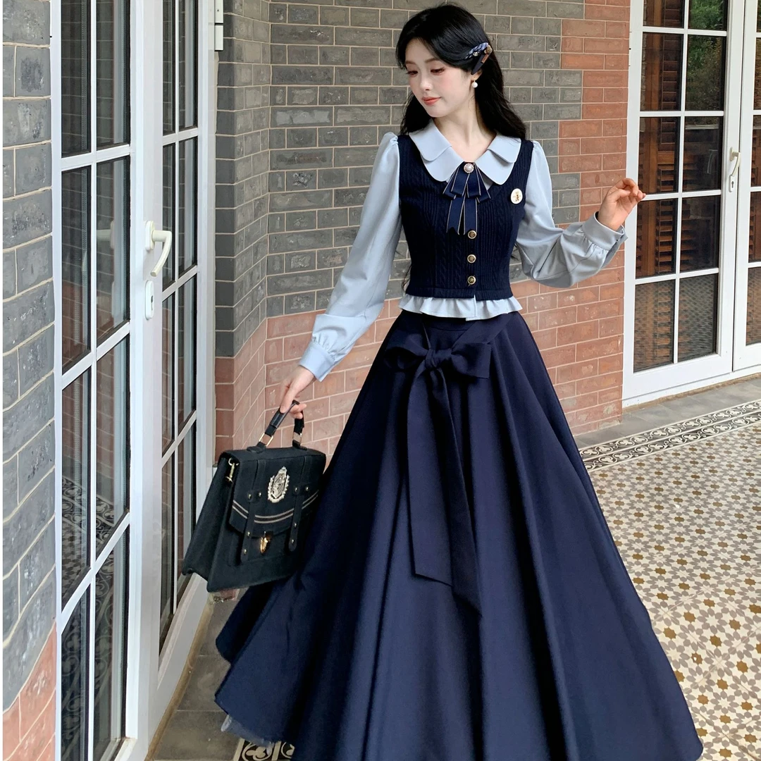Blovelan维斯塔见习生 韩系学院风设计感上衣+质感半身裙套装秋季
