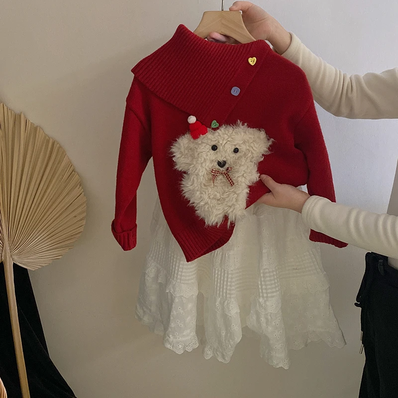 R24573女童甜美卡通狗狗小众毛衣2025春季新款时尚蛋糕半身裙套装