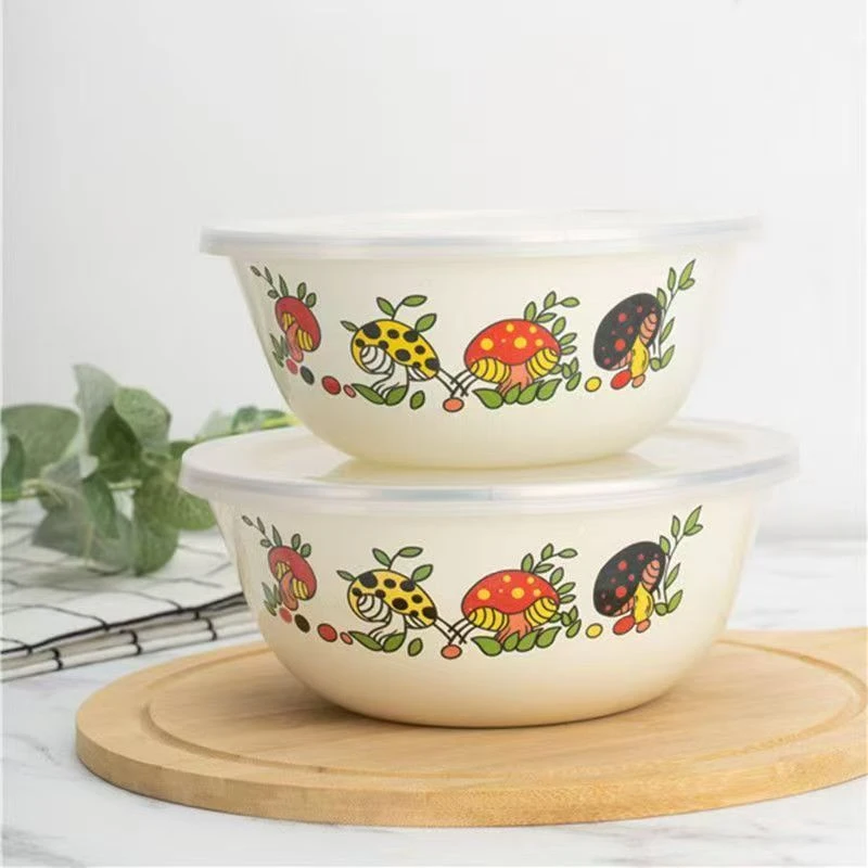 搪瓷盆带盖沙拉盆 面盆 打蛋盆 水果盆 保鲜盒 耐高温 能加热