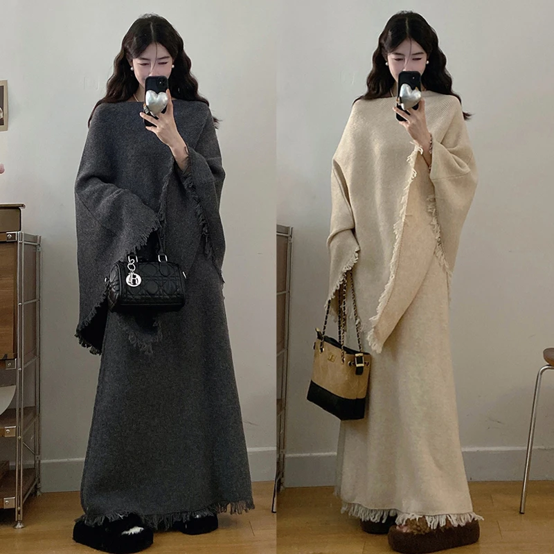 大码胖mm秋冬新款慵懒风不规则流苏边斗篷设计感时尚针织套装女