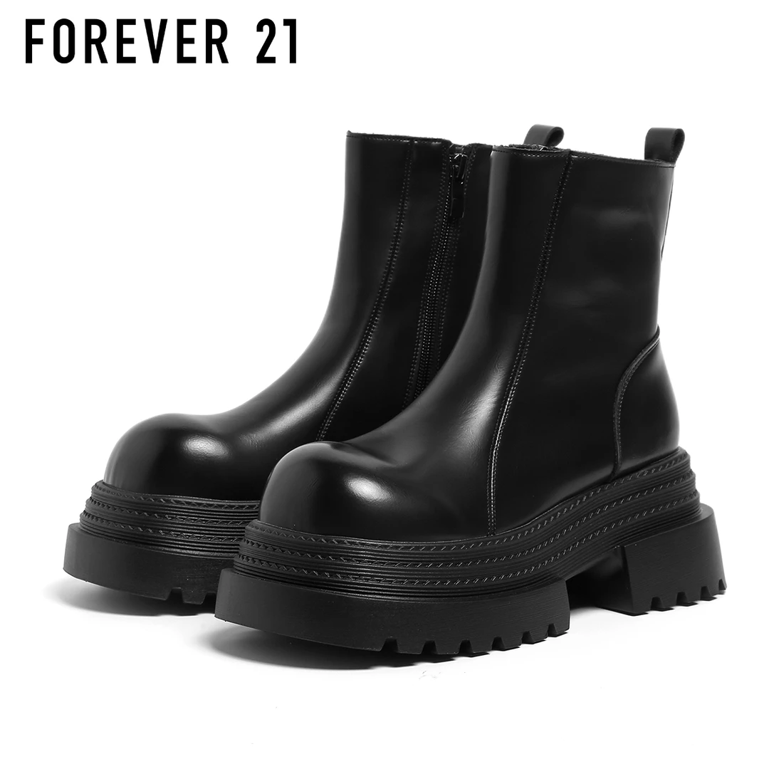 【英伦轻潮】F21厚底马丁靴女2025秋季加绒皮面小个子增高显瘦靴子