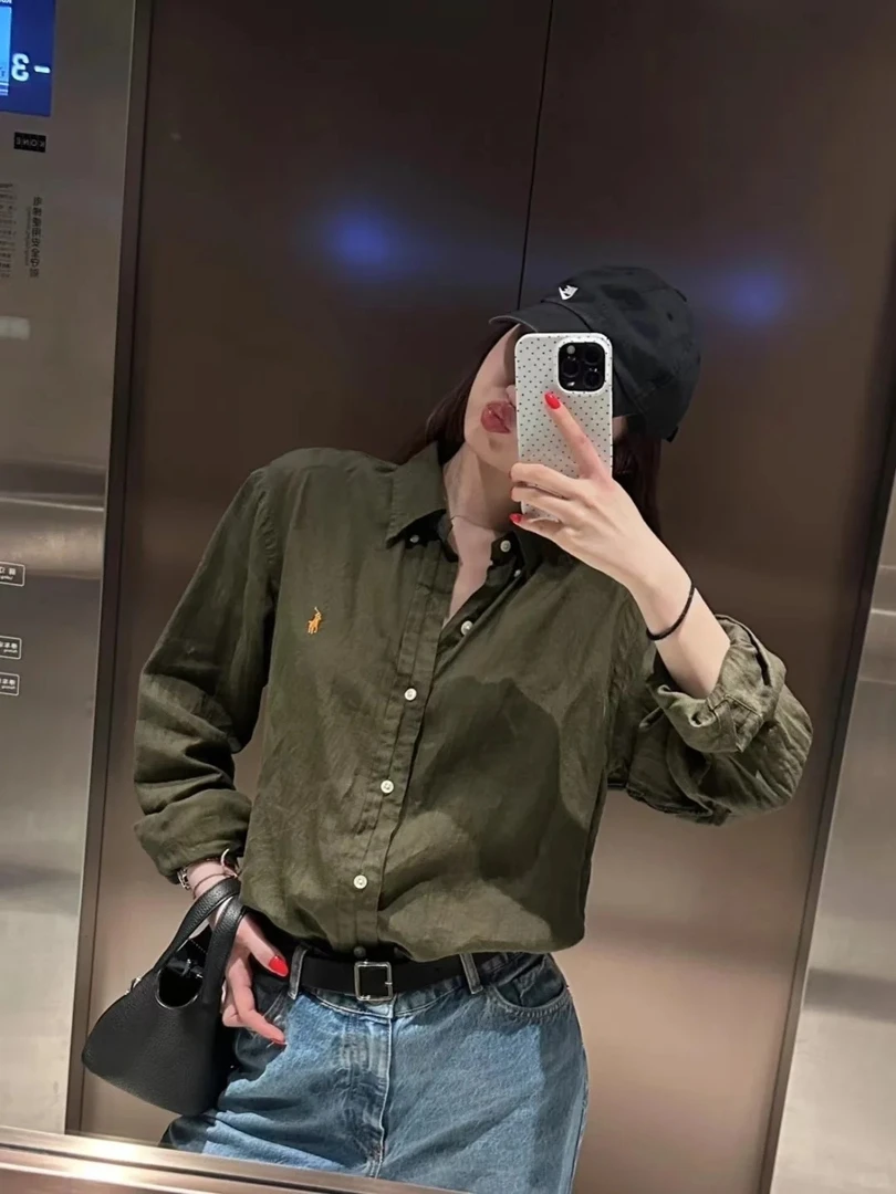 【MISSLI专属】-小马100亚麻纯色刺绣衬衫防晒开衫衬衣