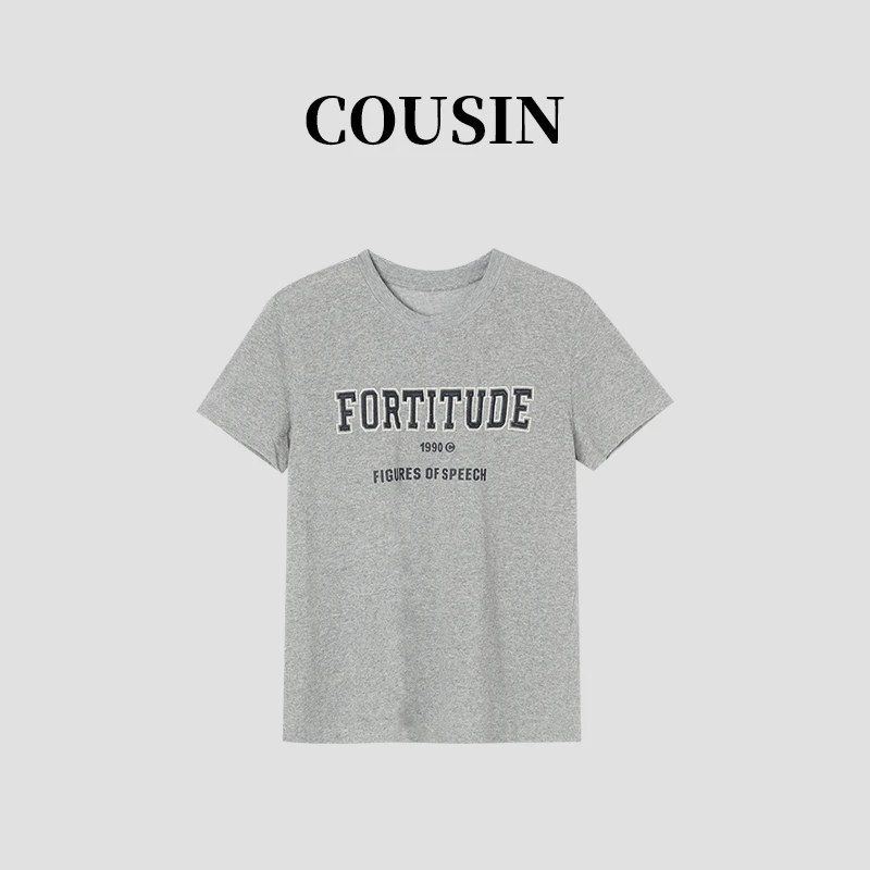 D.cousin春季休闲简约时尚印花圆领百搭通勤短袖T恤女2146