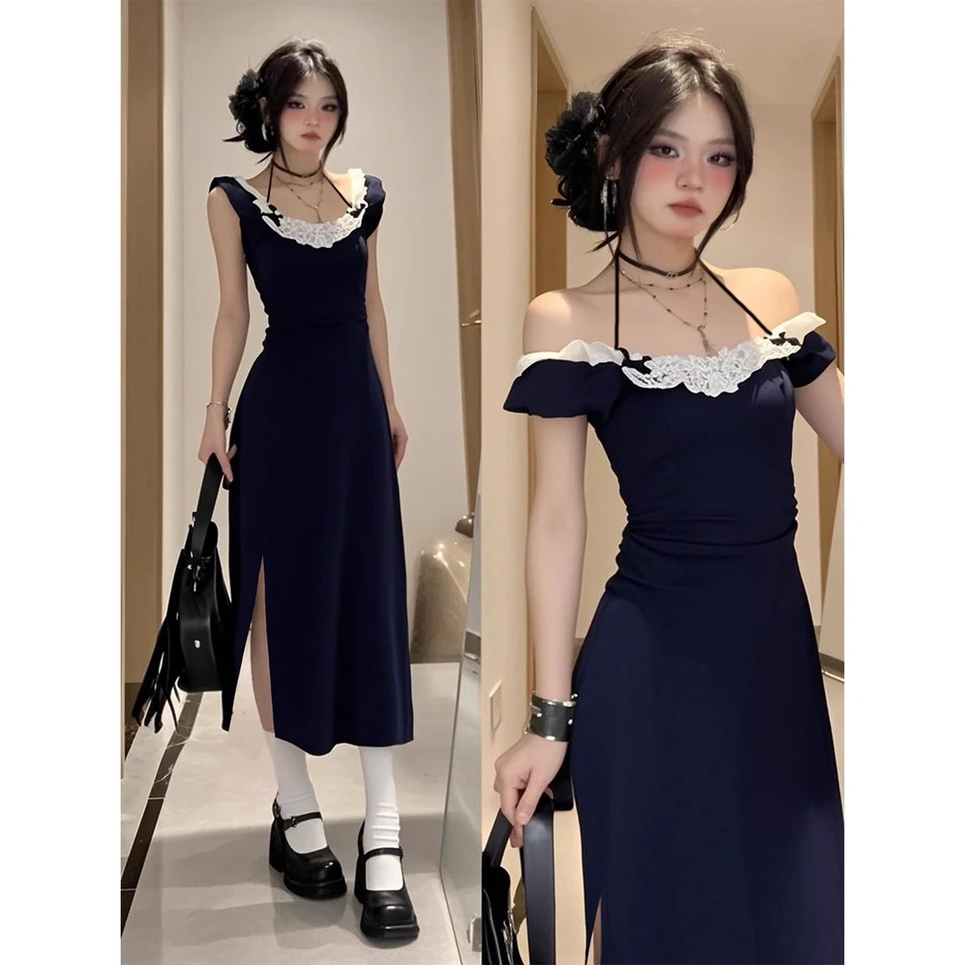 夏日绝美小裙子一字肩包臀连衣裙女2025巨好看独特别漂亮掐腰长裙