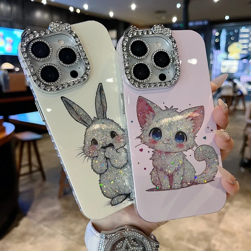 适用苹果系列iPhone16新款手机壳粉底精灵猫咪满边钻框闪钻镜头膜