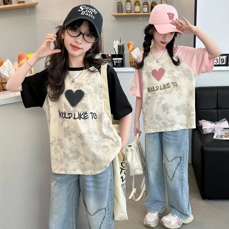 中大童女童夏季短袖新款插肩袖T恤小清新网红半袖休闲上衣潮t