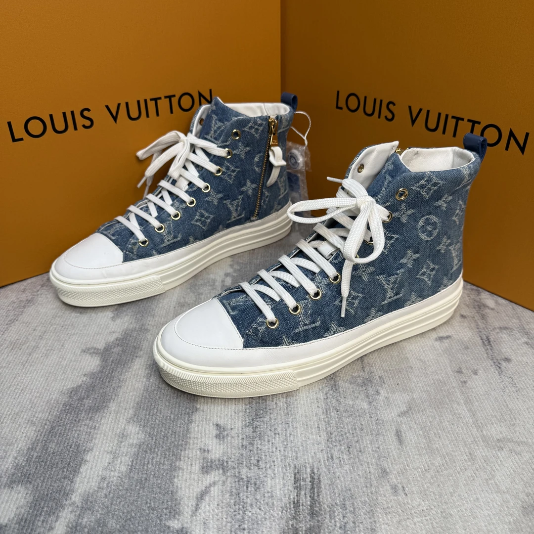 95新 LouisVuitton/路易威登 丹宁牛仔老花高帮板鞋38.5-39.5欧码