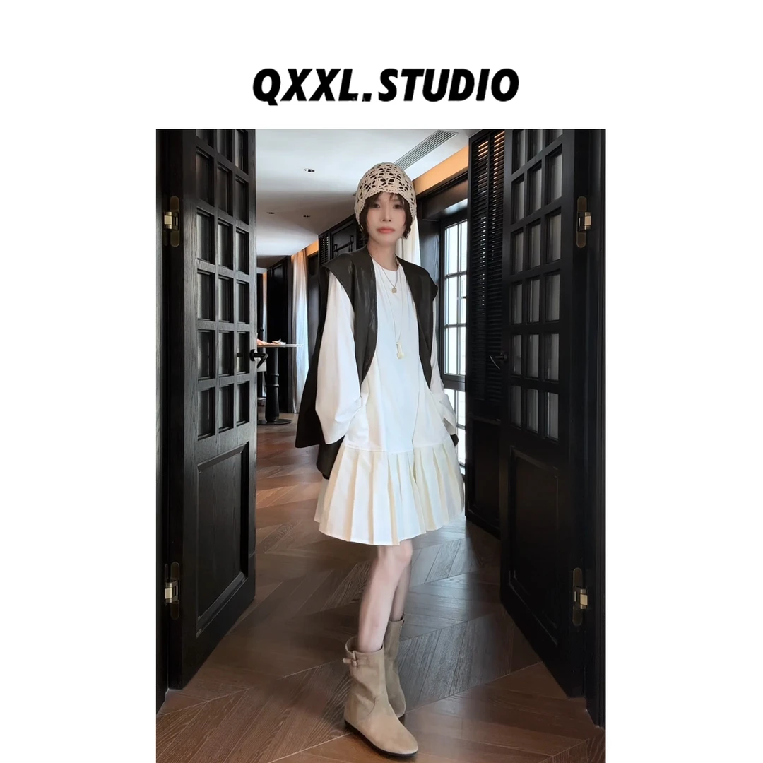 邱小小丽呀 早秋拼接百褶T恤连衣裙女小众洋气宽松A字T裙上衣