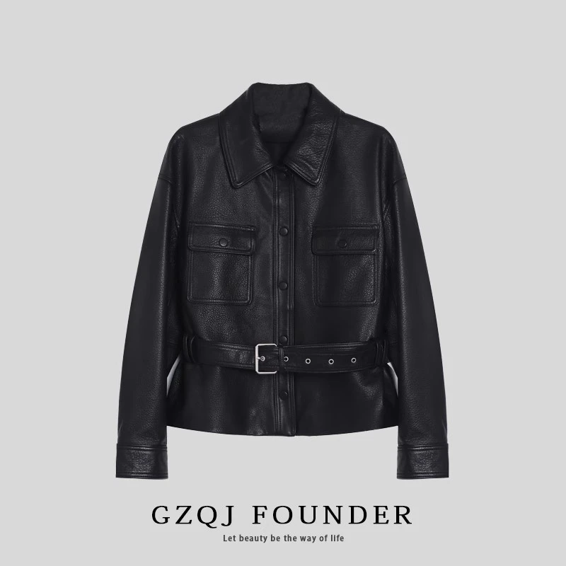 广州琴姐【黑曜王座】2025春季新款荔枝纹黑色真皮皮衣外套女士9703