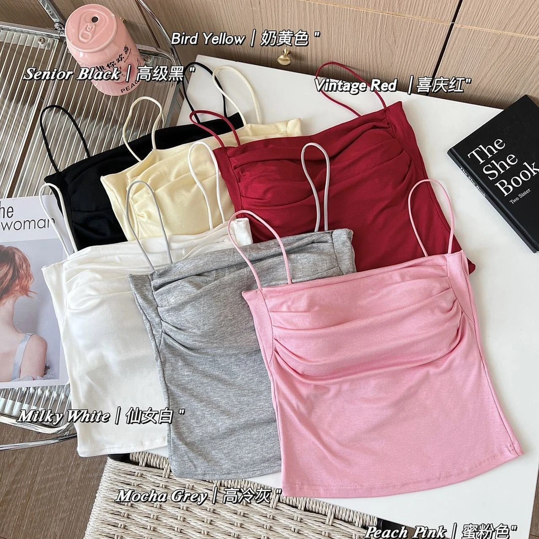 辣妹性感褶皱吊带小背心女甜辣风修身显瘦带胸垫夏季外穿打底上衣