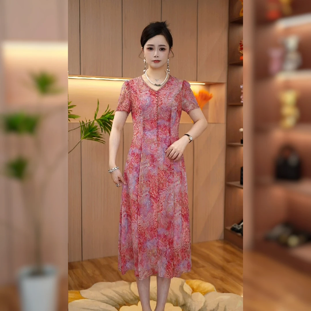 2025夏季新款连衣裙中长裙印花显瘦宽松长裙短袖款洋气时尚{N